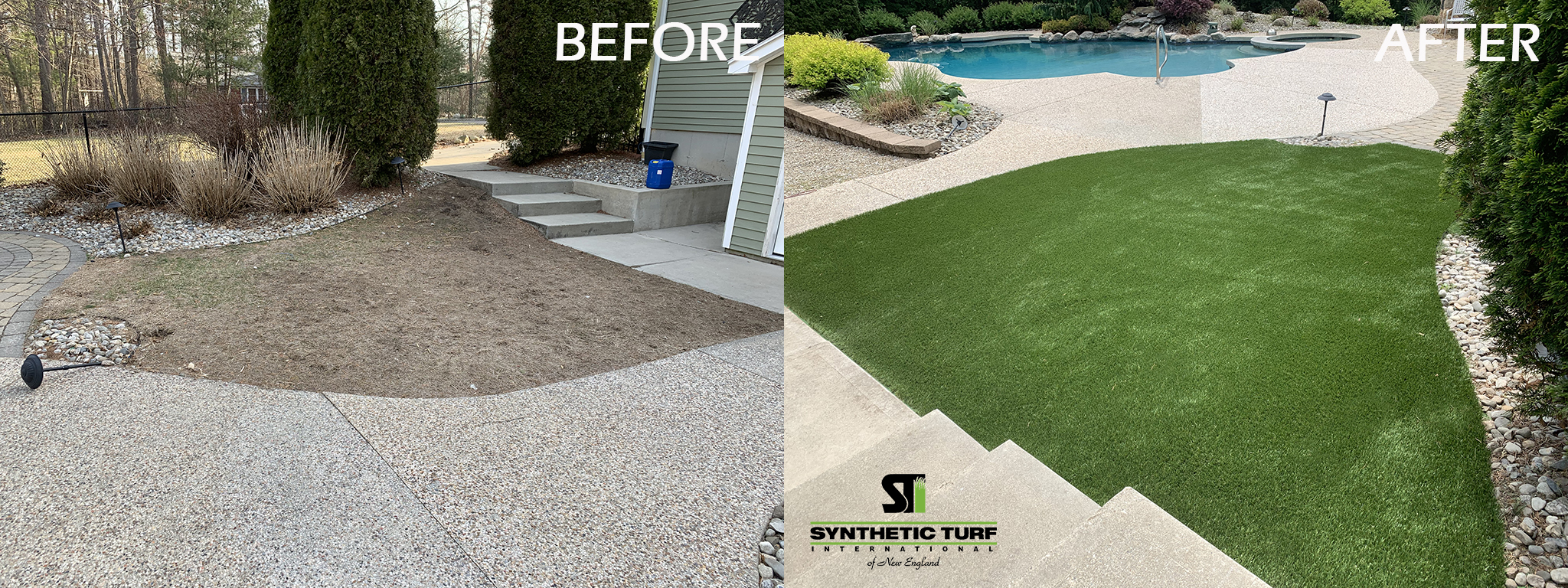 Before and after photos side by side - transformation of a pool area in Massachusetts, with St.Germain's high-quality artificial grass replacing the original surface, creating a lush and inviting outdoor space.