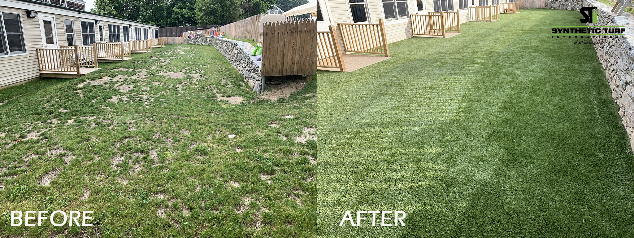 Before and after photos side by side -transformation of a backyard in Massachusetts, showing the dramatic improvement from St.Germain's high-quality artificial grass installation.