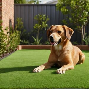 Dog enjoying a clean and pest-free environment on a pet-friendly artificial lawn, ideal for residential yards.
