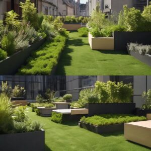 Innovative rooftop garden with artificial grass, demonstrating benefits of artificial grass.