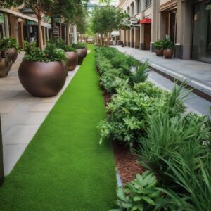 Modern commercial property landscaped with artificial turf, illustrating cost-effective and low-maintenance green space.