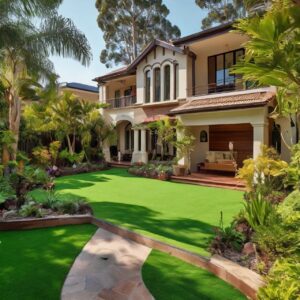 Beautifully landscaped residential lawns with-artificial grass