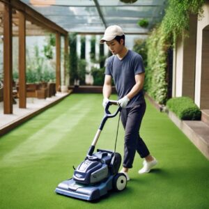 A-person-using-a-garden-vacuum-on-artificial-grass.